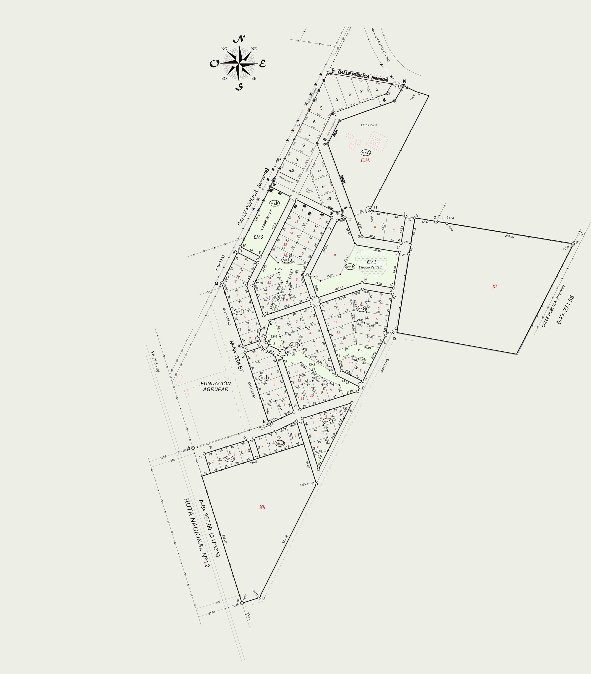 Plano general del loteo con manzanas, lotes y espacios verdes